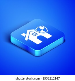 Isometric House with shield icon isolated on blue background. Insurance concept. Security, safety, protection, protect concept. Blue square button. Vector Illustration