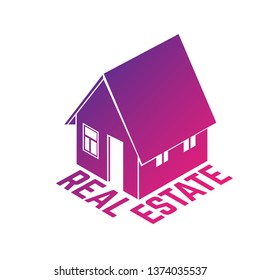 Isometric house silhouette in bright red and violet gradient isolated on white background. Real estate logo.