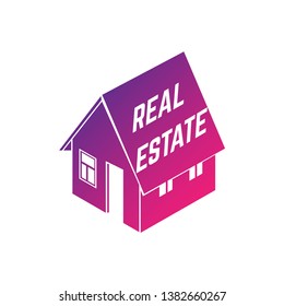Isometric house silhouette in bright red and violet gradient isolated on white background. Real estate logo.