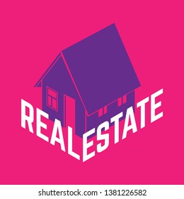 Isometric house silhouette in violet color isolated on red background. Real estate logo.