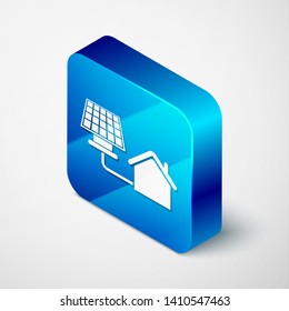 Isometric House with solar panel icon isolated on white background. Ecology, solar renewable energy. Eco-friendly house. Environmental Protection. Blue square button. Vector Illustration