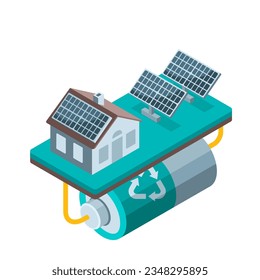isometric house with solar panels and a battery in color on a white background, green energy and clean power