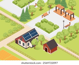 Isometric house with solar panels, surrounded by trees and greenery. Perfect for eco-friendly or housing visuals. Vector illustration