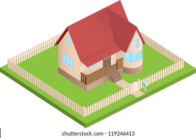 Isometric house surrounded by lawn with fence