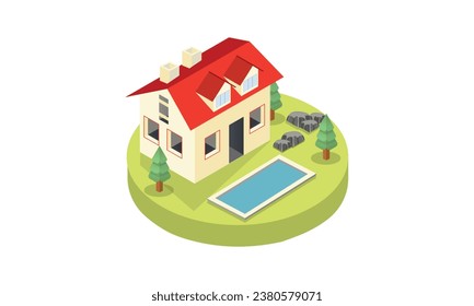 isometric house and swimming pool.on white background.3D design.isometric vector design Illustration.