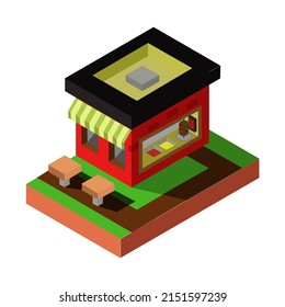 Isometric house with tables on the lawn