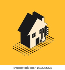 Isometric House temperature icon isolated on yellow background. Thermometer icon.  Vector Illustration