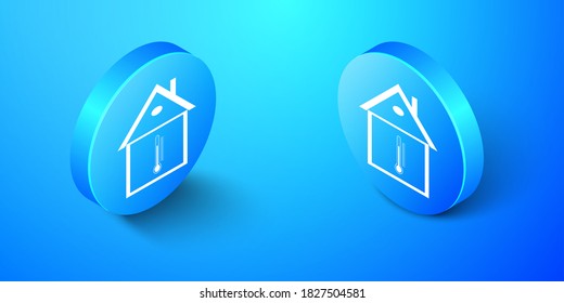 Isometric House button aislado en fondo azul. Icono del termómetro. Botón de círculo azul. Vector.