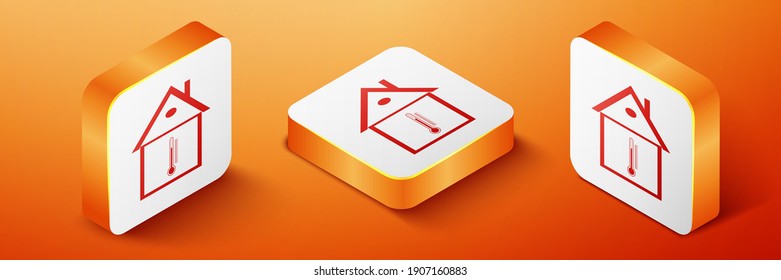 Isometric House temperature icon isolated on orange background. Thermometer icon. Orange square button. Vector.