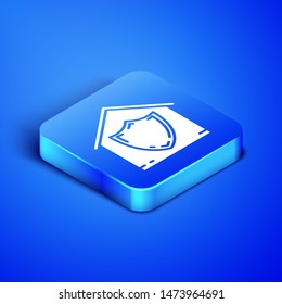 Isometric House under protection icon isolated on blue background. Protection, safety, security, protect, defense concept. Blue square button. Vector Illustration