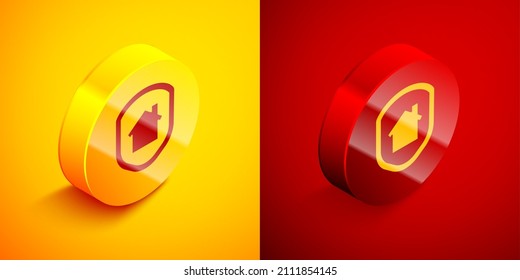 Isometric House Under Protection Icon Isolated On Orange And Red Background. Home And Shield. Protection, Safety, Security, Protect, Defense Concept. Circle Button. Vector Illustration