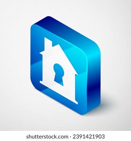 Isometric House under protection icon isolated on grey background. Home and shield. Protection, safety, security, protect, defense concept. Blue square button. Vector