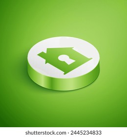 Isometric House under protection icon isolated on green background. Home and shield. Protection, safety, security, protect, defense concept. White circle button. Vector