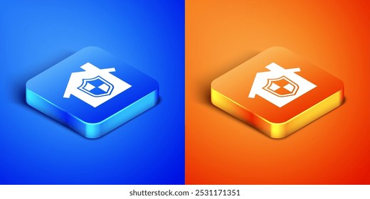 Isometric House under protection icon isolated on blue and orange background. Home and shield. Protection, safety, security, protect, defense concept. Square button. Vector
