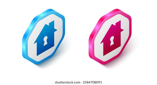 Isometric House under protection icon isolated on white background. Home and shield. Protection, safety, security, protect, defense concept. Hexagon button. Vector