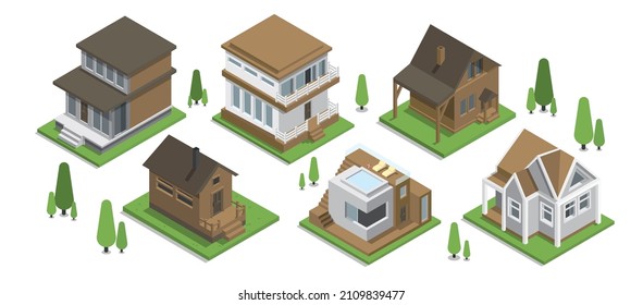 isometric house vector illustration set. 3d miniature architecture design buildings. town and city planning, infographics, real estate models