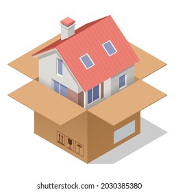 Isometric House Wrapped up In Brown Paper And Rope Isolated on White Background. Moving with boxes to new home. Moving House. Real Estate Market.