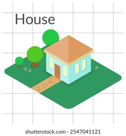 casa isométrica. casa e pátio. ilustração vetorial. casa. alugado. propriedade. negócios. família. rural. residência. jardim. casa azul clara. tranquila e confortável. sonho