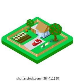 Isometric house,garden, tree, car, cabbage and tomato vector Illustration