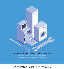 Isometric Household Appliances Repair Background With Editable Text And Images Of Hand Tools And Consumer Electronics Vector Illustration