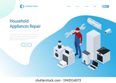 Concepto de reparación de electrodomésticos isométricos. Servicio de asistencia para reparaciones