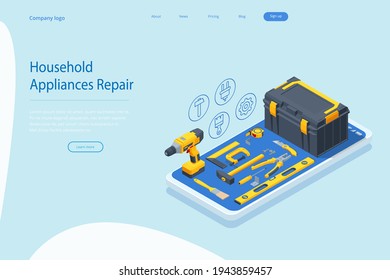 Isometric household appliances repair concept. Repair support service