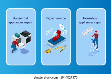 Isometric household appliances repair concept. Repair support service