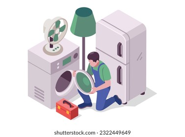 Isometric household appliances repair concept. Repair support service