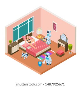 Isometric household robots. Vector robots, modern technologies for homework. Woman relaxing, androids are cleaned and cooked