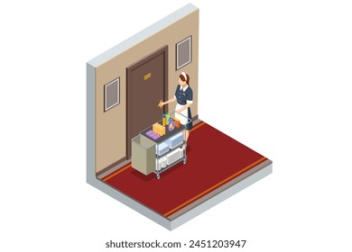 Isometric Housemaid opening the door to the room for cleaning. Woman chambermaid holding a towel standing with maid cart full of cleaning stuff in the hotel corridor