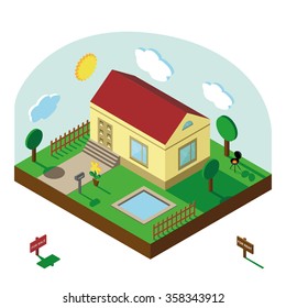 Isometric house,modern 3D style.Vector illustration.Isomatic landscape village.Icon of small house,trees,fence,pool,flowers,Green Grass,barbecue
.Property Isolated yard in American style.Summer party