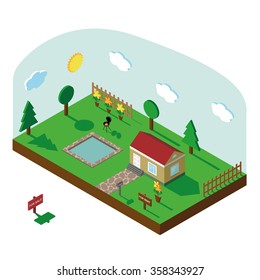 Isometric house,modern 3D style.Vector illustration.Isomatic landscape village.Icon of  small house,trees,fence,pool,barbecue,flowers,Green Grass, Mailbox,sky.Property Isolated yard in American style 