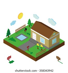 Isometric house,modern 3D style.Vector illustration.Isomatic landscape village. small Icon of house,trees,fence,pool,flowers,Green Grass,barbecue
.Property Isolated yard in American style.Summer party