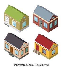 Isometric house,modern 3D style.Vector illustration.Isomatic icon.Small houses set.Property Isolated bungalow in American style.Different structure.Isometric isolated Vector for print and web