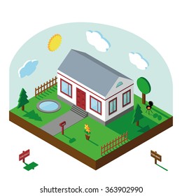 Isometric house,modern 3D style.Vector illustration.Isomatic landscape village with small house,trees,fence,pool,flowers,Yard,Green Grass,barbecue
.Property Isolated yard,American style.Summer party