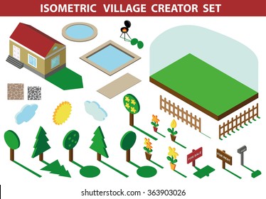 Isometric house,modern 3D style.Vector illustration.Isomatic landscape,village creator set.Small house bungalow,trees,fence,flowers,Yard,Green Grass,barbecue
.Property Isolated object.Summer party.
