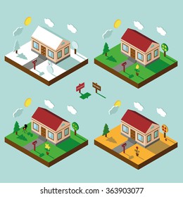 Isometric house,modern 3D style.Vector illustration.Isomatic landscape.One Village in different seasons.Small house,trees,Yard,Grass,path.Property Isolated bungalow.Winter,spring,summer,autumn.