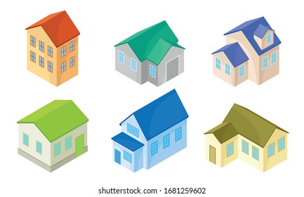 Isometric Houses and Buildings Isolated on White Background Vector Set