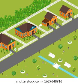 Isometric houses on suburb street, vector illustration. Private cottages in peaceful neighborhood, view from above. Game style town cozy houses and green lawns, isometric buildings of residential area