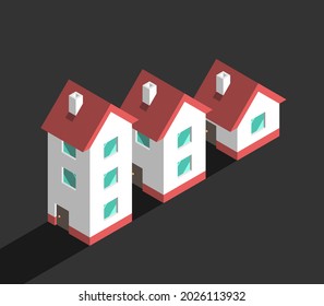 Isometric houses row decreasing in size on black. Crisis, downsizing, price drop, investment and real estate concept. Flat design. EPS 8 vector illustration, no transparency, no gradients