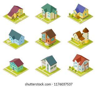 Isometric houses. Rural homes, building and cottages. 3d housing urban exterior vector set. Cottage exterior home collection illustration