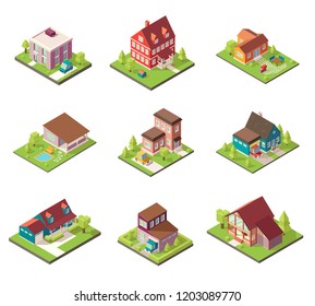 Isometric houses set. 3d models of real estate. Low poly cottages.