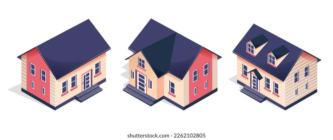 Isometric houses set. Collection of graphic elements for website. Real estate and urban architecture. Model of private house and home. Cartoon 3D vector illustrations isolated on white background