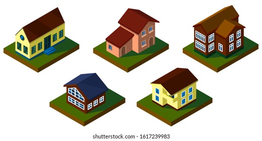 Isometric houses. A set of five houses. Isolated on a white background. Vector graphics.