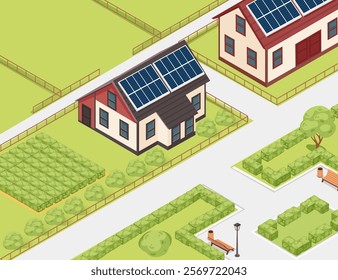 Isometric houses with solar panels and a garden, set in a green area. Great for eco-friendly or residential designs. Vector illustration