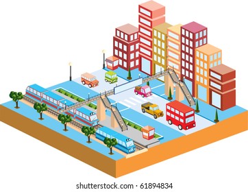 Isometric houses, trains, railroads, skyscrapers and streets made in perspective projection for design sites, business portals and real estate agencies