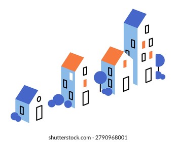 Isometric houses of varying heights vector illustration. Real estate growth, urban development, property market, housing investment, city planning, neighborhood. Residential buildings in a line