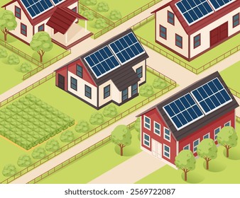 Isometric housing layout with solar-powered homes, vegetable plots, gardens, and tree-lined roads. Great for rural housing or sustainable development designs. Vector illustration