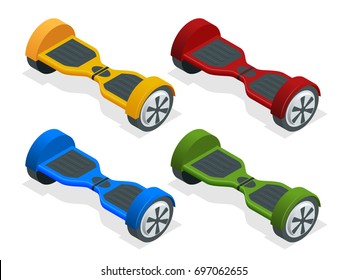 Isometric hoverboard or Gyroscooter. Set of vector illustrations. Self-balancing electric scooter. Alternative Eco Transport isolated on background Most popular gadget of the year. Active life concept