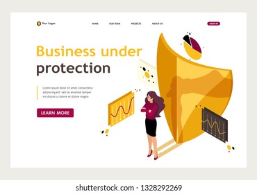 Isometric how to ensure full safety of your business, lawyer girl. Website Template Landing page.